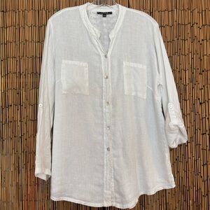 CHARLIE B Elegant White Linen Blouse with Sequin and Lace Trim